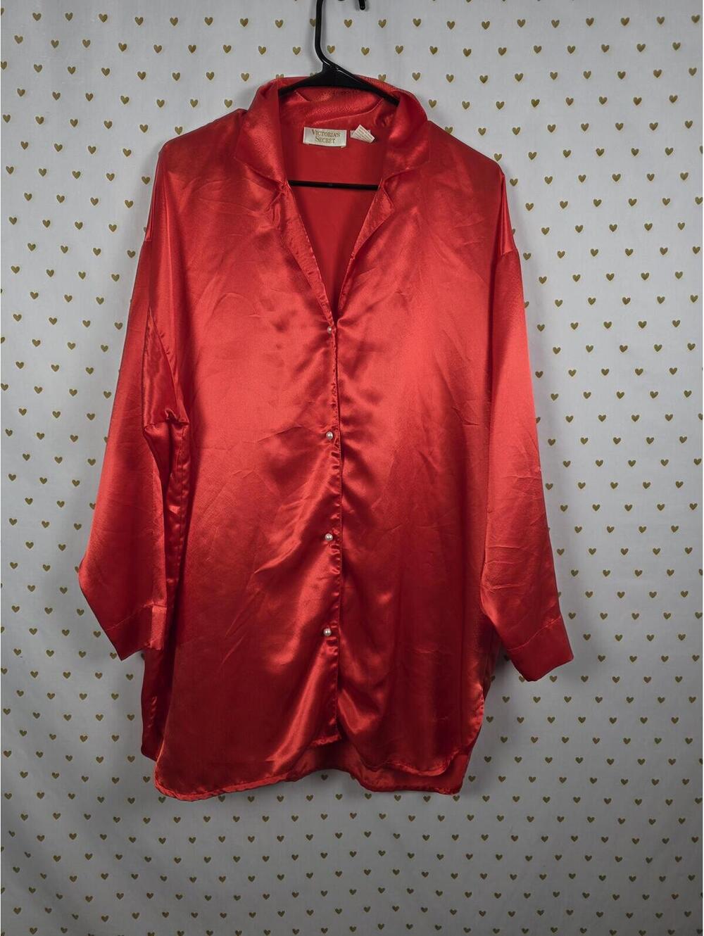 Victorias Secret Vintage Pearl Button Long Sleeve Nightgown Satin Silky Shirt L